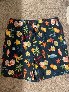 Old Navy Navy Tropical Fruit & Sea Life Swim trunks medium